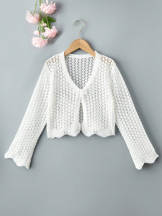 Tween Girl Solid Color Long Sleeve Knotted Cardigan, Trendy Spring And Autumn Style