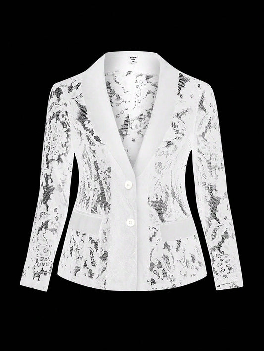 Plus Size Women Solid Color Shawl Collar Lace Blazer Jacket With Long Sleeves For Spring/Summer