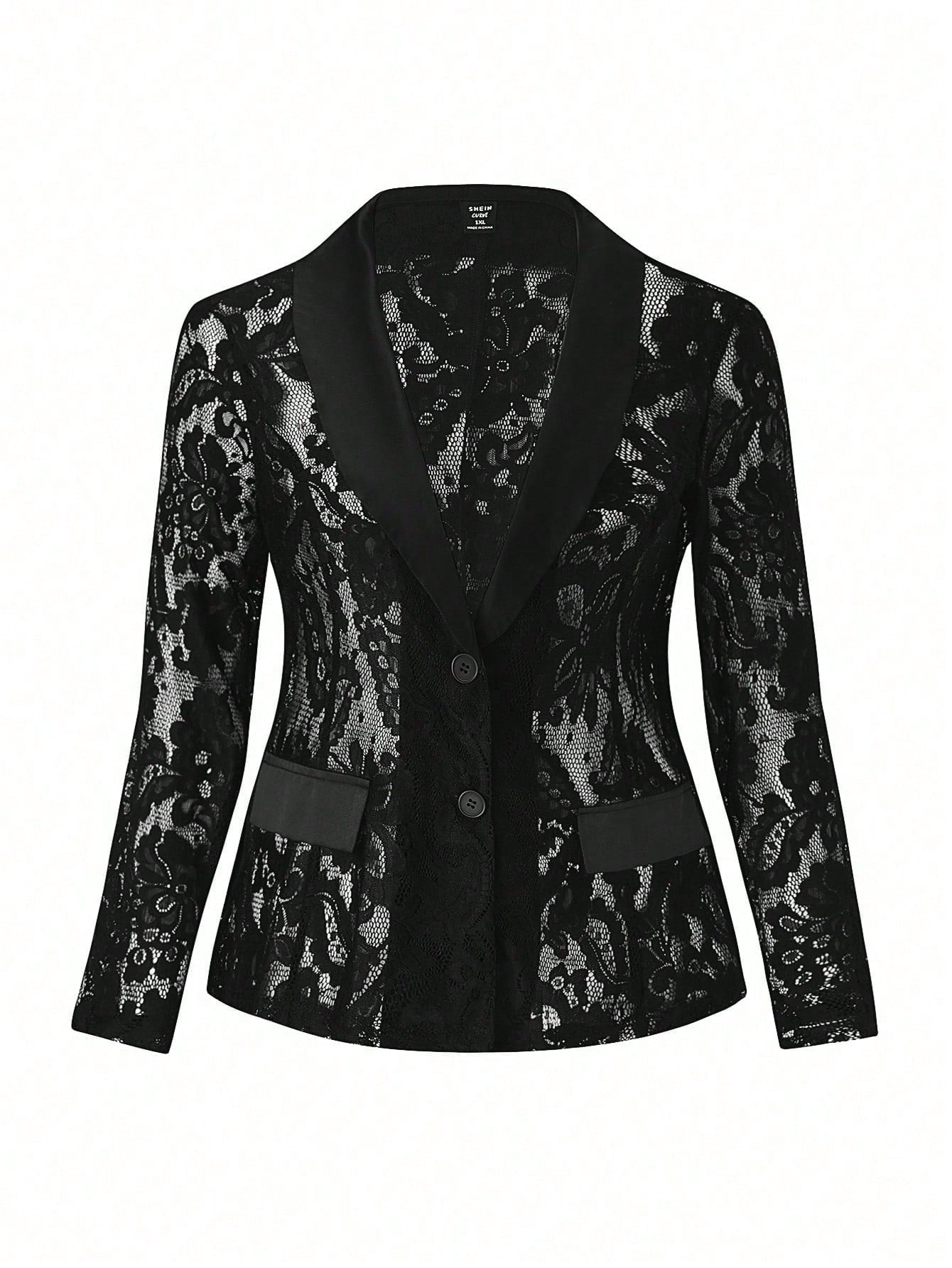 Plus Size Women Solid Color Shawl Collar Lace Blazer Jacket With Long Sleeves For Spring/Summer