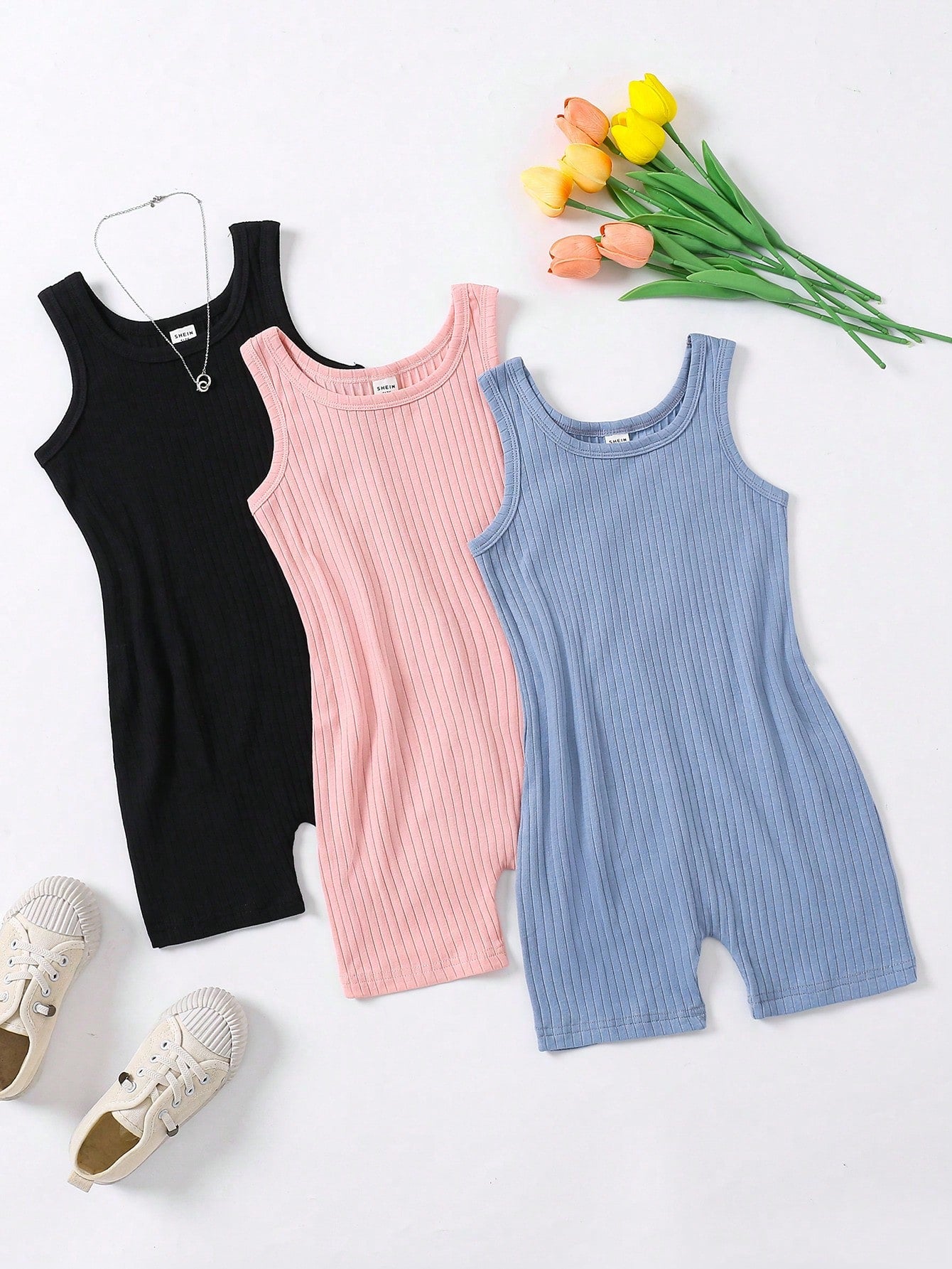 Young Girl Solid Color Ribbed Striped Sleeveless Jumpsuit With Large Round Neck For Summer