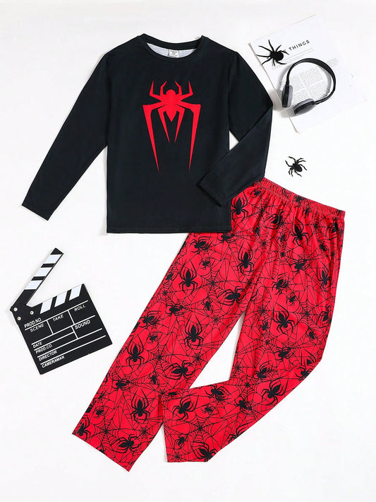 Tween Boy Spider Pattern Long Sleeve & Long Pants Casual Flame Resistant Pajama Set For Spring/Autumn