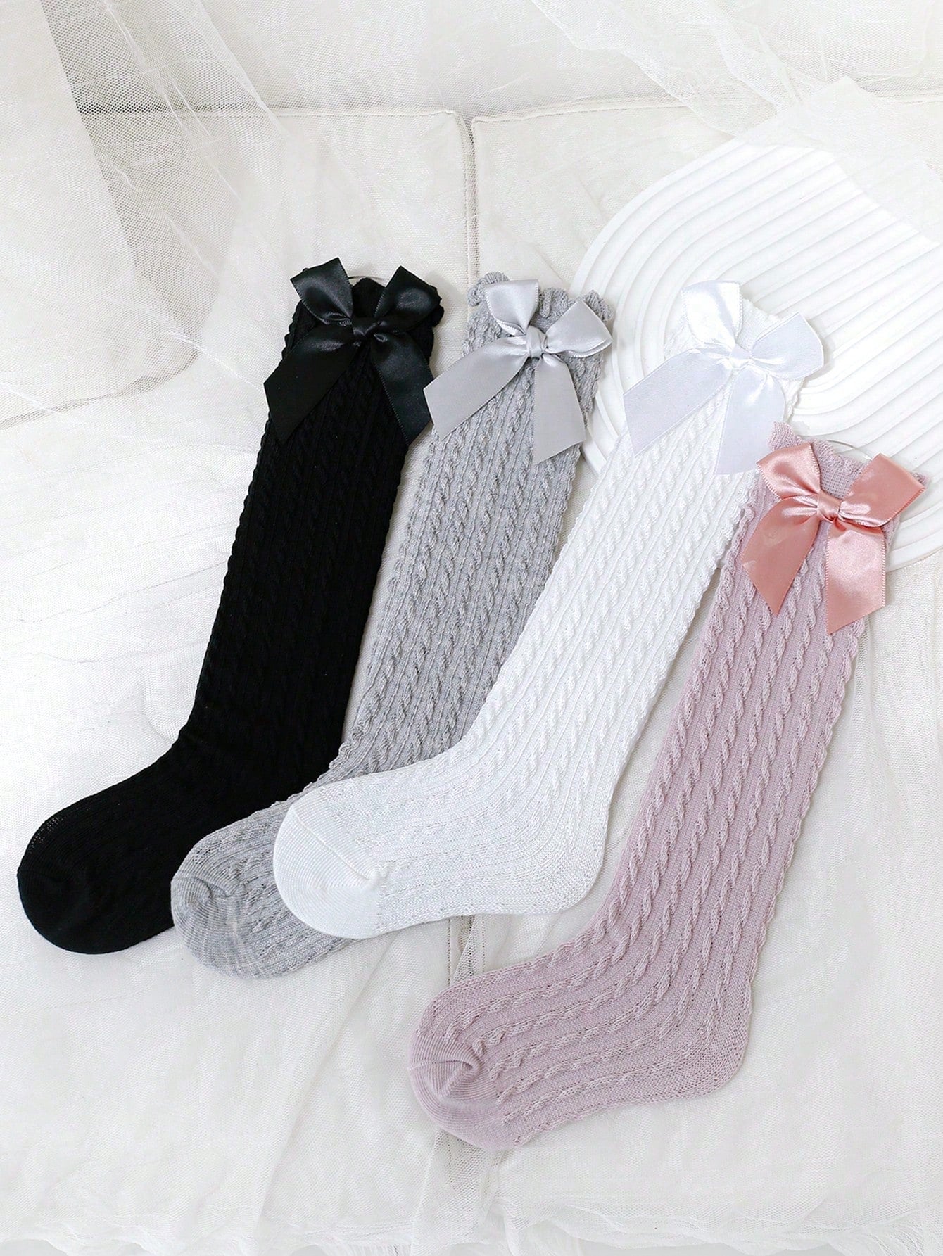 5 Pairs Girls' Solid Color Long Tube Socks With Bowknot, Autumn/winter