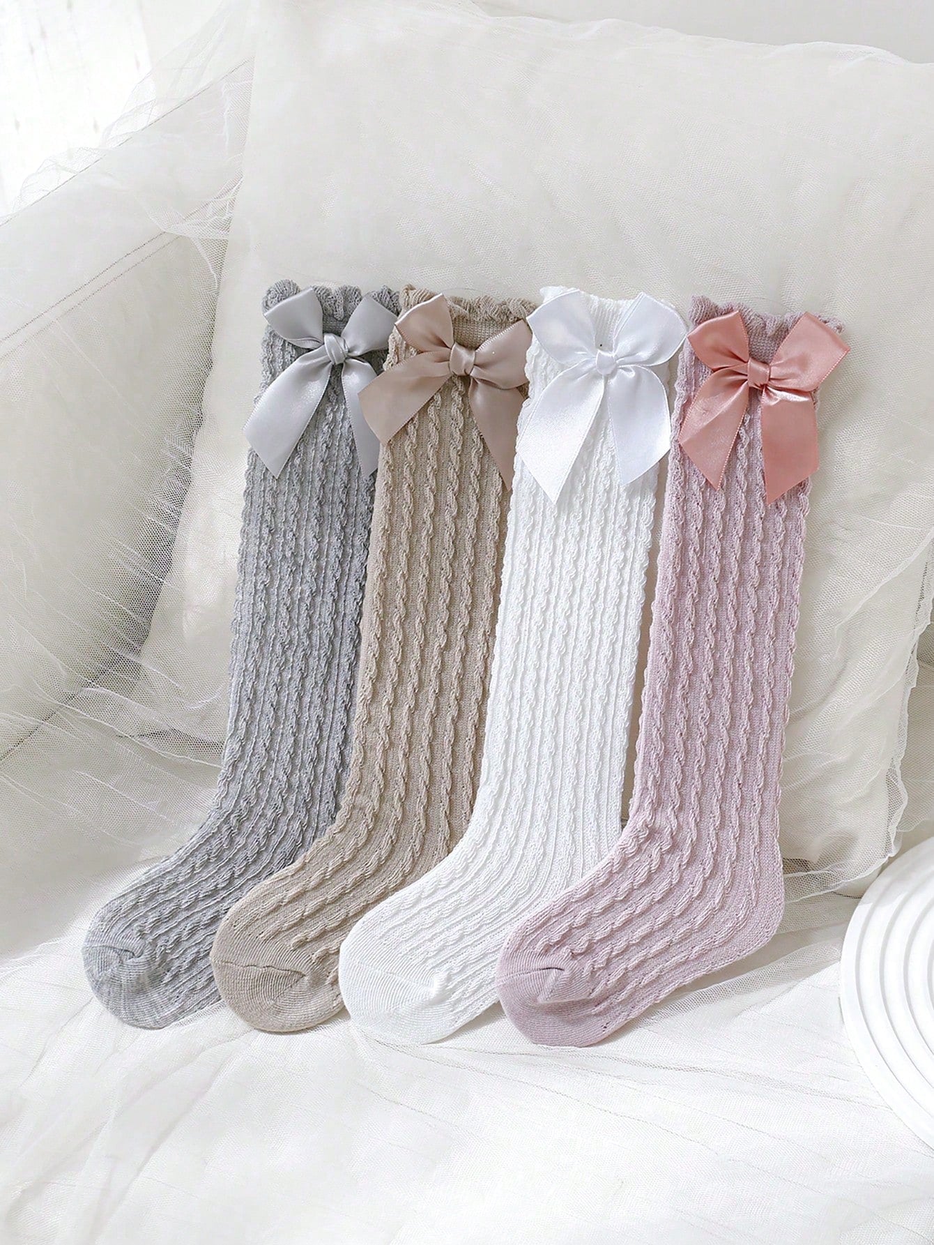 5 Pairs Girls' Solid Color Long Tube Socks With Bowknot, Autumn/winter