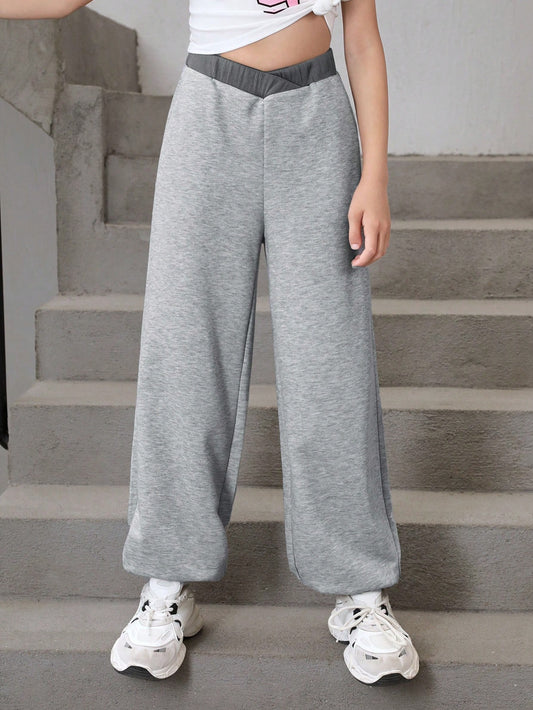 Tween Girl Loose-Fit Sports Pants With V-Shaped Waist Design, Color Block, Fashionable And Cool Cuff