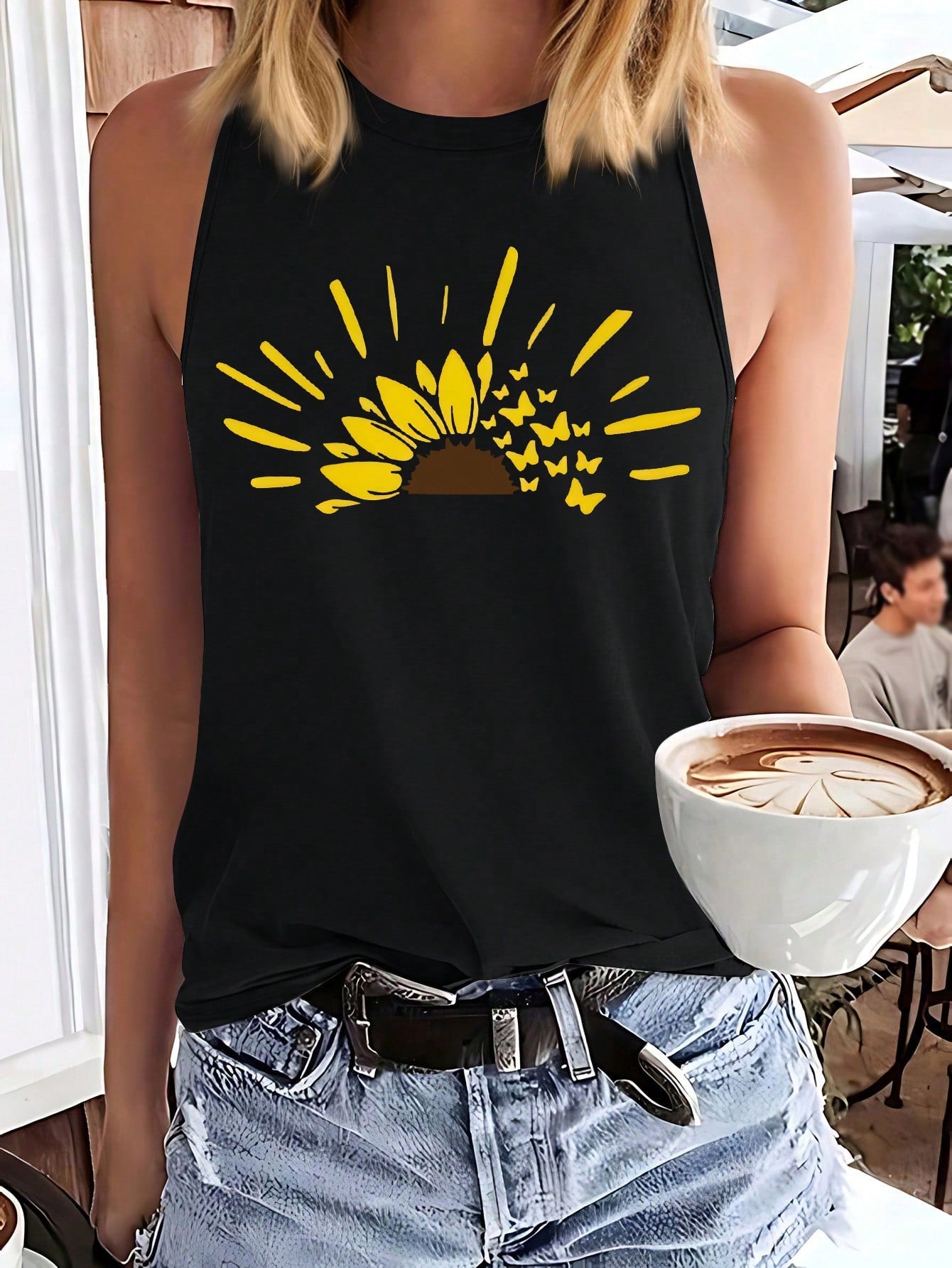 Simple Sun And Sunrise Print Casual Tank Top With Round Neckline