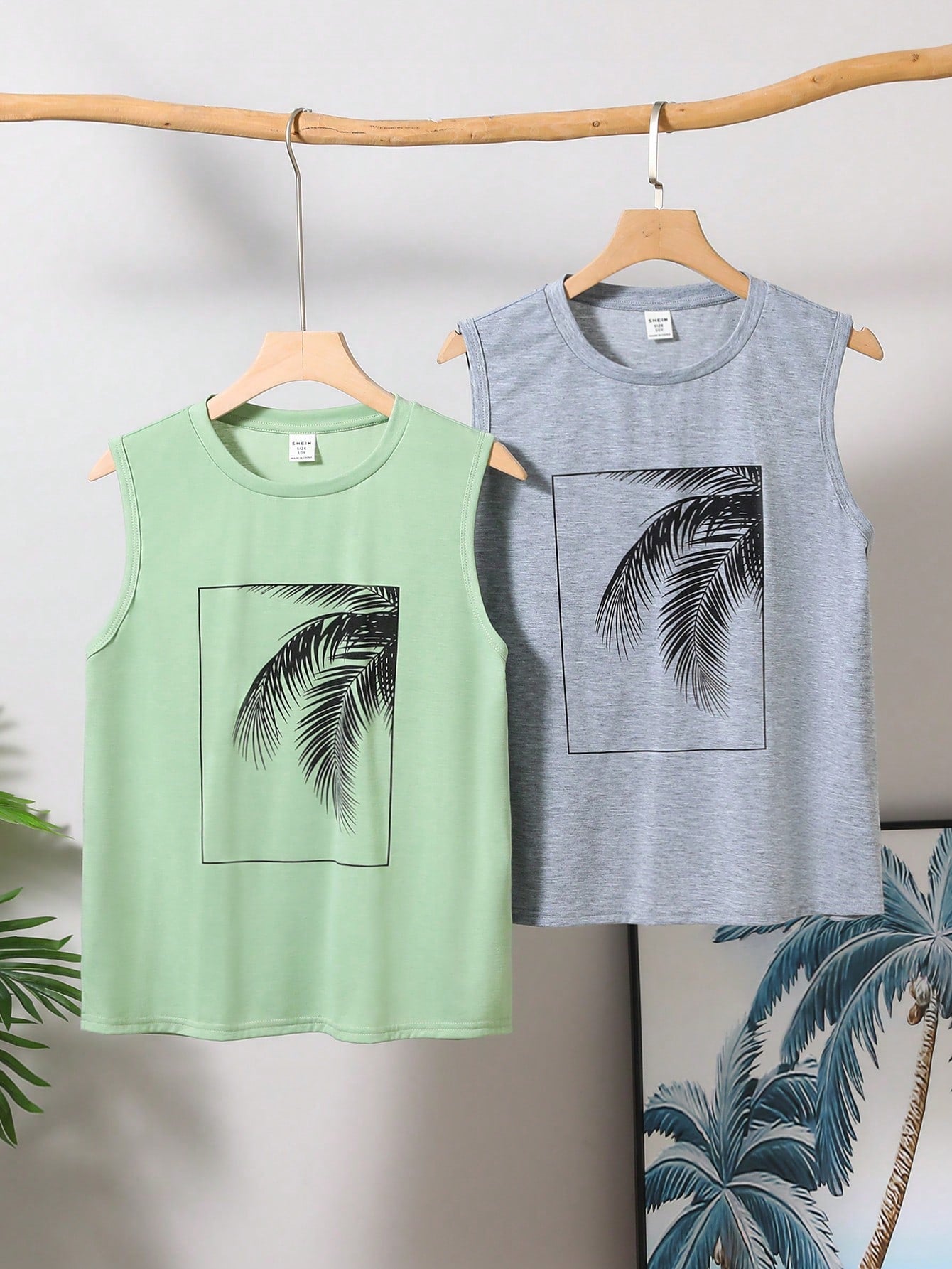 Tween Boys' Summer Casual Vacation Style Palm Tree Printed Loose Knitted Tank Top