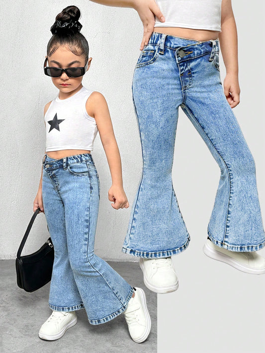 Young Girl Y2K Blue Denim Flared Jeans, Summer Boho Thin Denim Pants, Kids Summer Cute Break Clothes Outfits