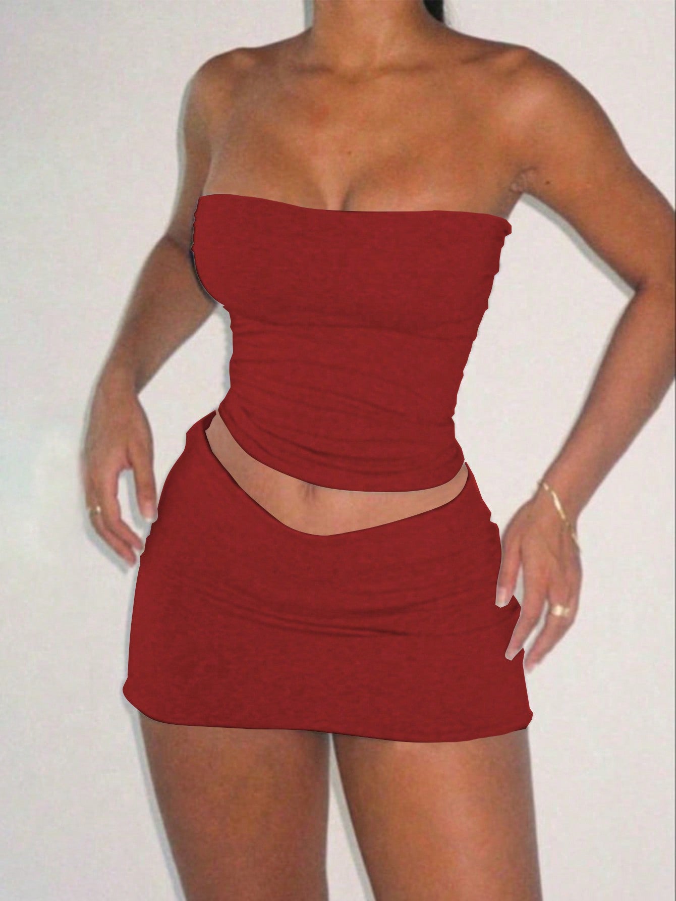 Ladies' Solid Color Pleated Bandeau Top And Bodycon Skirt Set