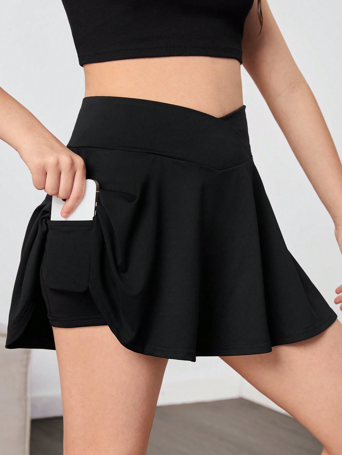 Teen Girl Knitted Solid Color Shorts With Anti-Light Insert Pocket And V-Shaped Waist Casual Sports Skirt