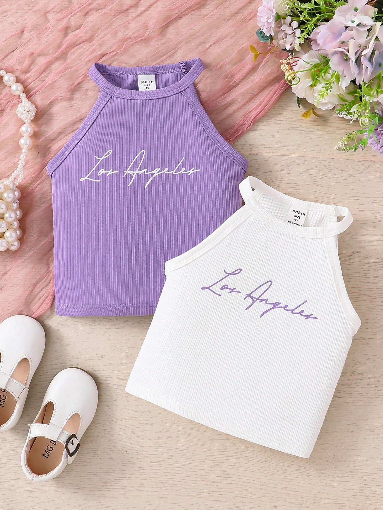 Young Girl'S 2pcs/Set Fashionable Halter Neck Top With Letter Pattern