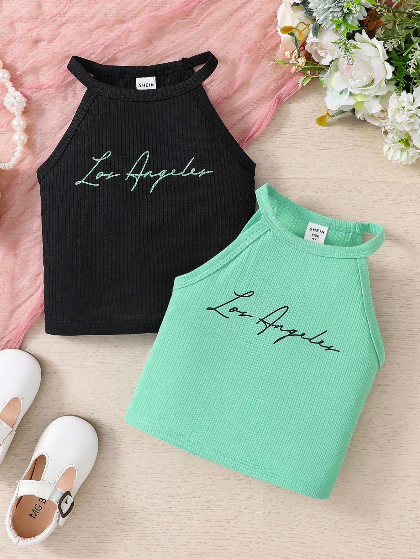 Young Girl'S 2pcs/Set Fashionable Halter Neck Top With Letter Pattern