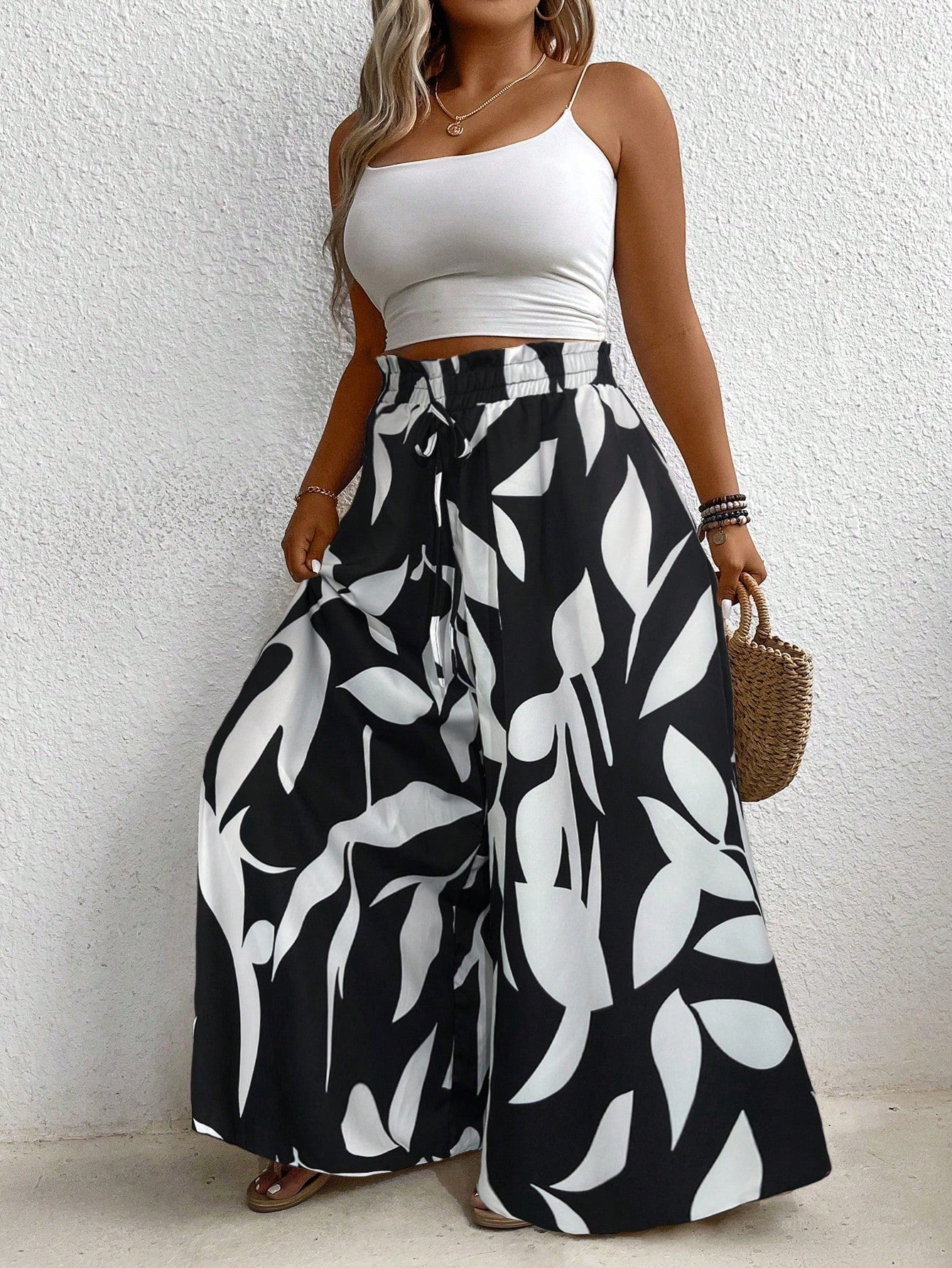 Plus Size Full-Print Elastic Waisted Tie Super Wide-Leg Pants Beach