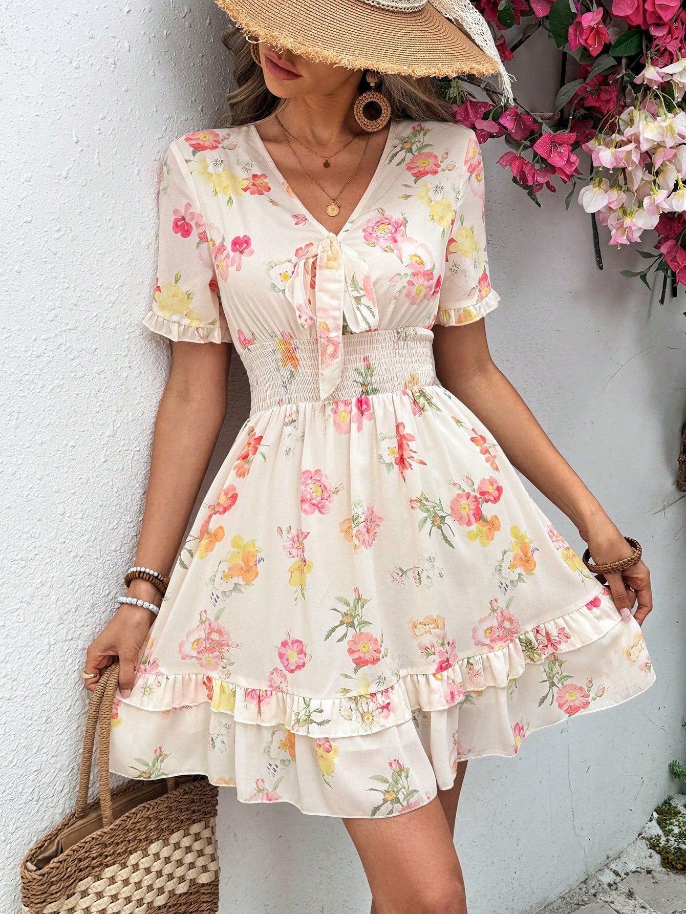 Casual V-Neck Lotus Leaf Hem Summer Dress