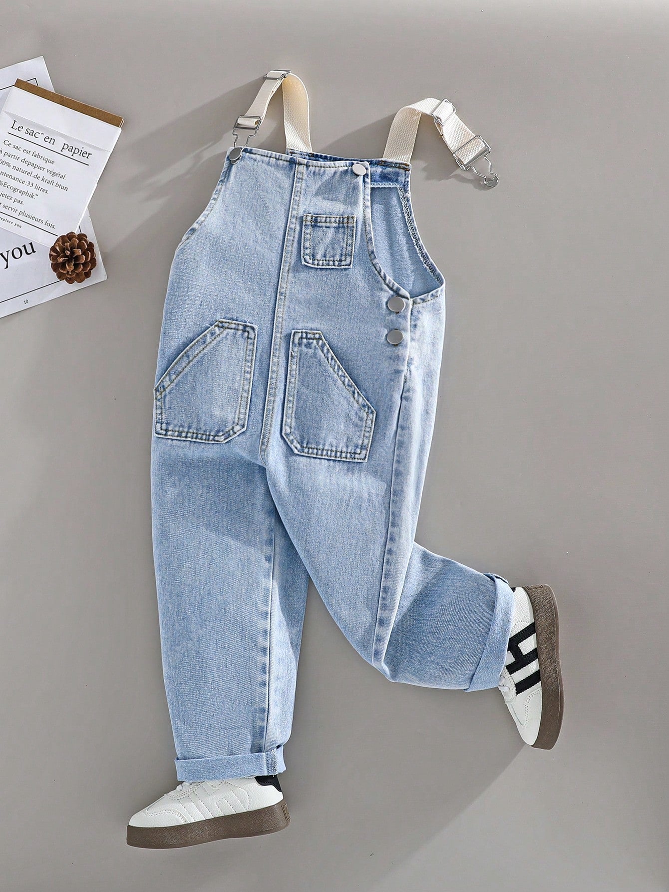 Boys' Wide-Strap Denim Overalls With Multiple Pockets And Buttons