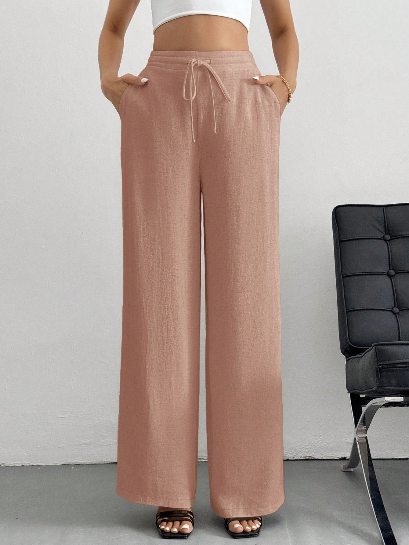 Tall Solid Color Belted Straight-Leg Pants, Spring/Summer Linen