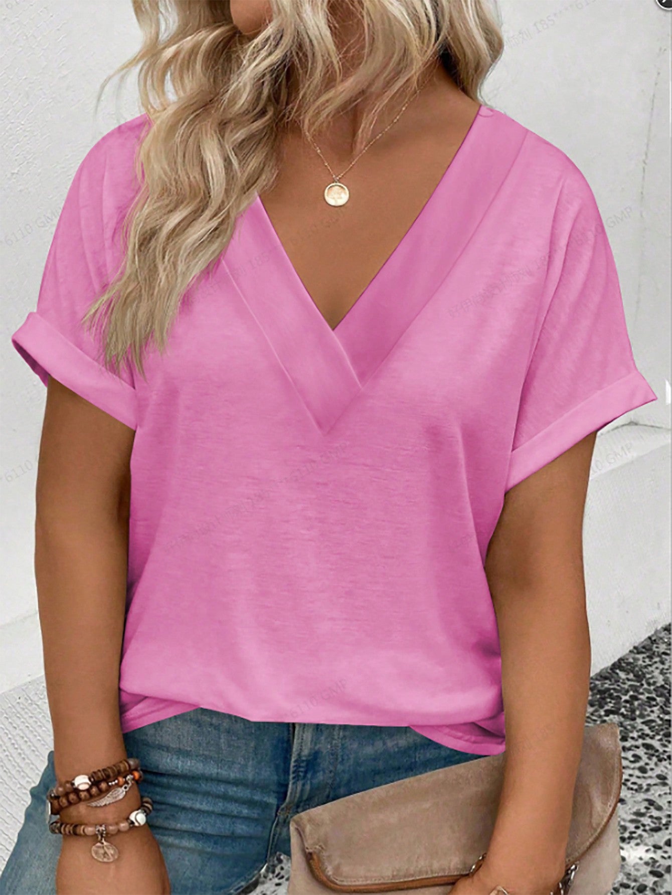 Summer Casual V-Neck Turn-Up Sleeve Plain Plus Size T-Shirt