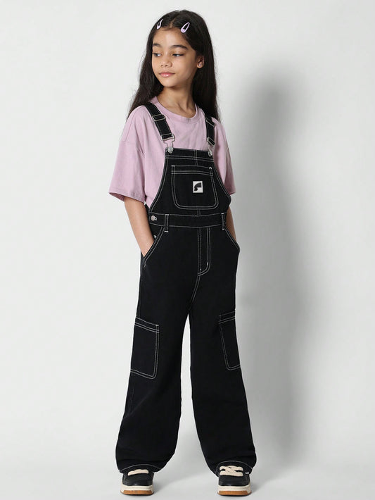 Tween Girls Denim Overalls With Contrast Stitching