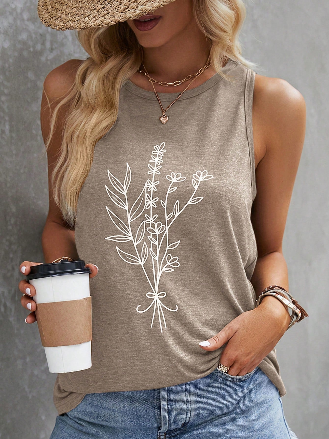 Women's Sleeveless Plant Print Tank Top For Summer