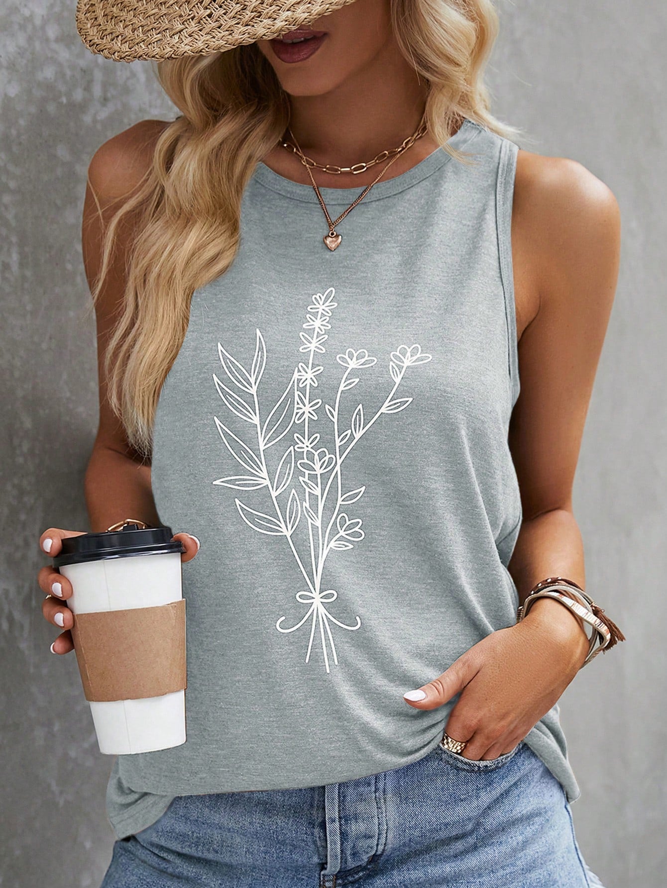 Women's Sleeveless Plant Print Tank Top For Summer