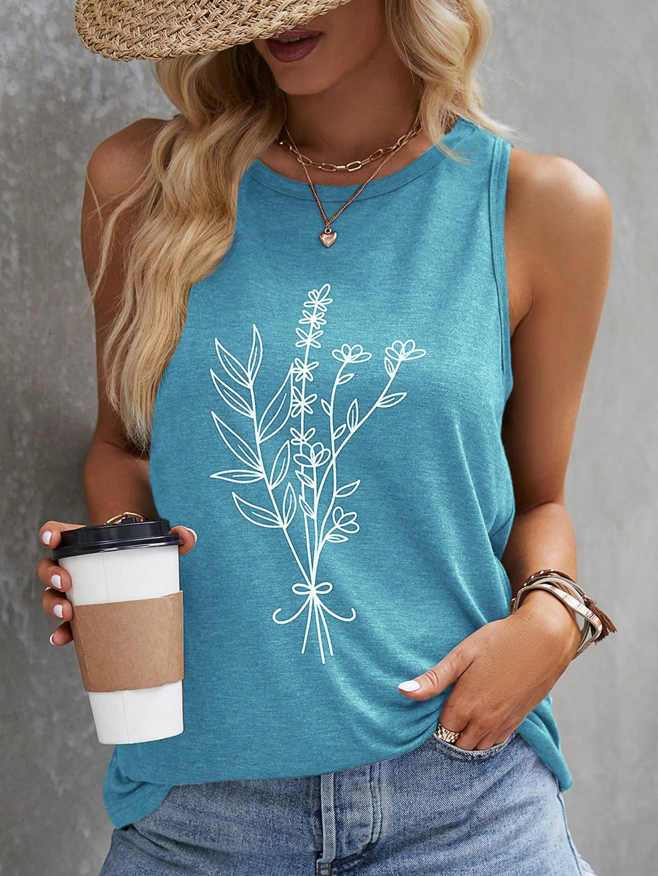 Women's Sleeveless Plant Print Tank Top For Summer