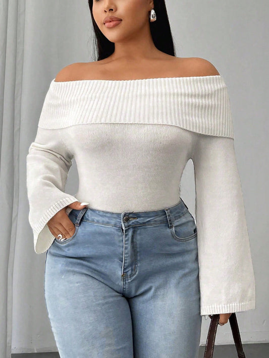 Plus Size Solid Color Off-Shoulder Flare Sleeve Casual Sweater Pullover