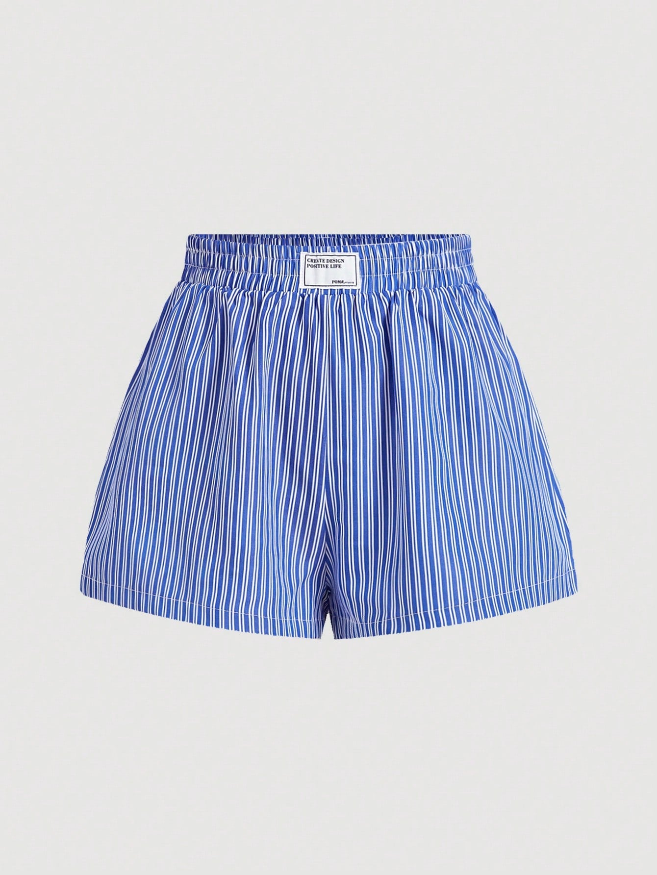 Women's Blue & White Striped Elastic Waistband Shorts With Letter Patch Decoration