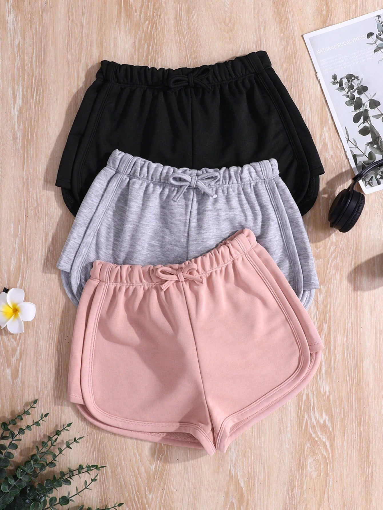 3pcs Solid Color Knitted Bowknot Casual Shorts Set For Tween Girls