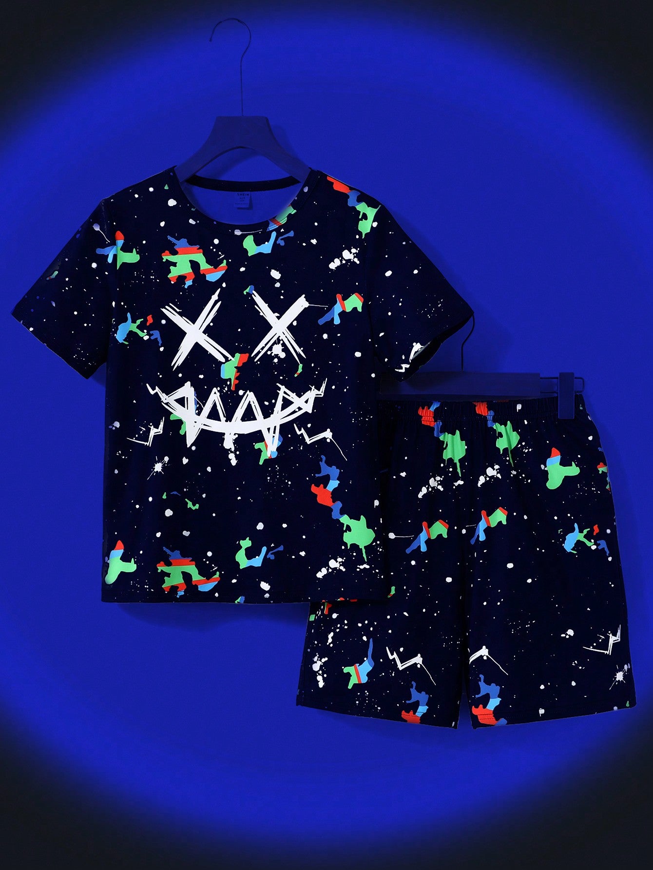 Tween Boy's Glow In The Dark Ink Splatter Game Controller Pattern Short Sleeve Shorts Pajama Set, Summer Casual Loose Homewear Set