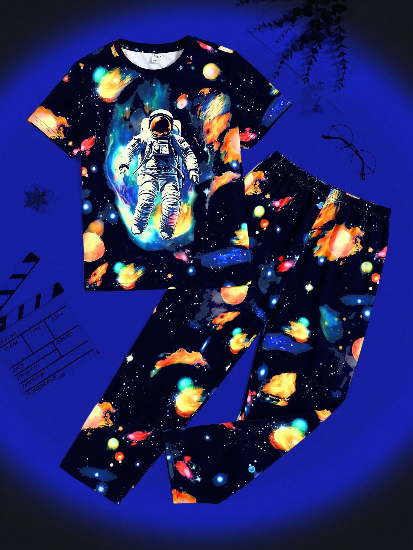 Tween Boy Astronaut & Planet Printed Short Sleeve Top And Straight Leg Knitted Flame-Retardant Long Pants Pajama Set