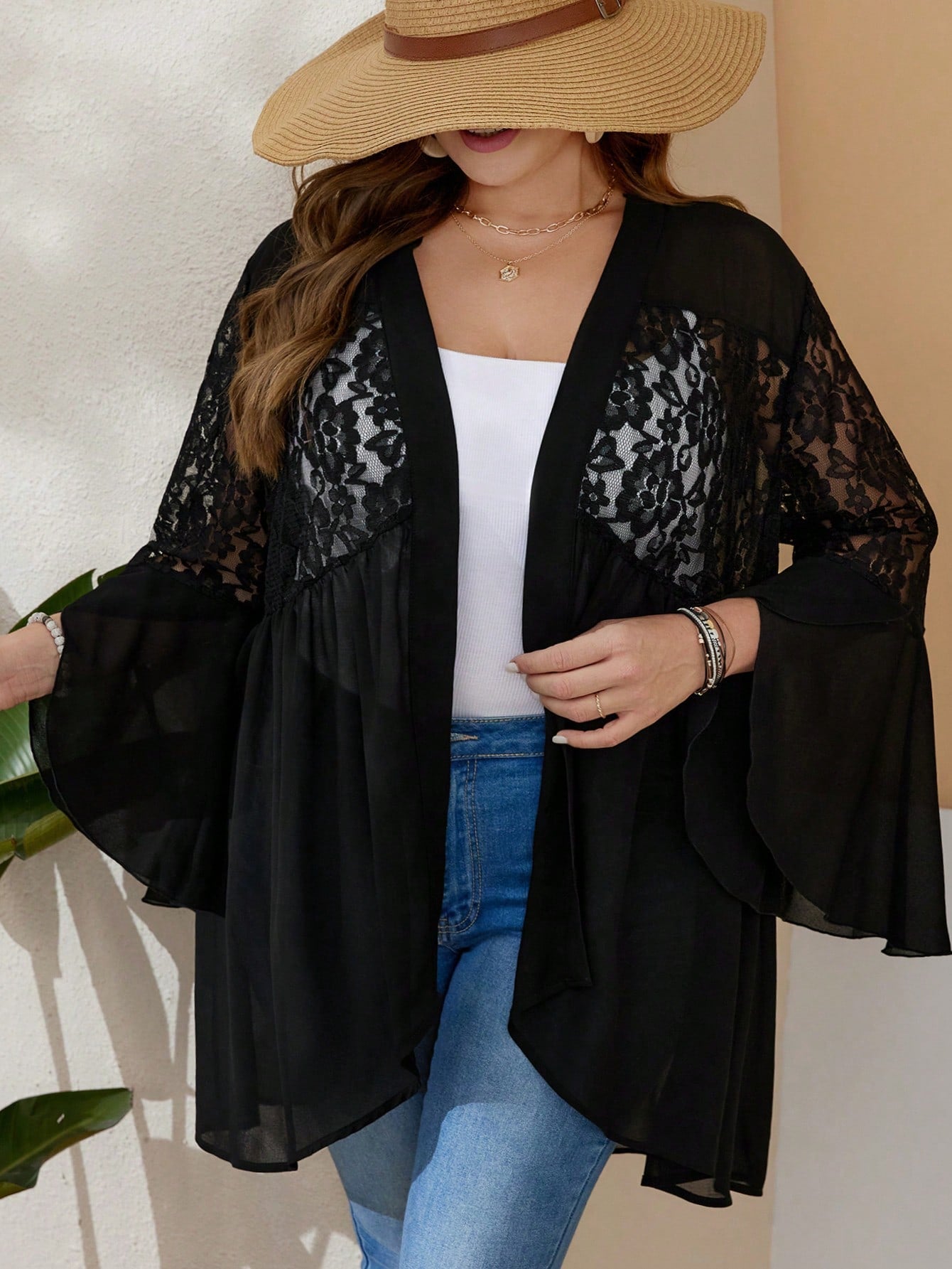 Plus Size Women'S Summer Black Cardigan Chiffon And Lace Splice Ruffle Sleeve Open Front Kimono Curve Plus Black Shirt