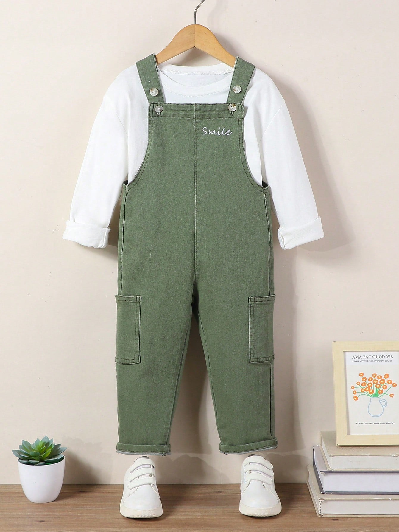 Little Boys' Cute And Lively Dark Green Denim Overalls And Jumpsuit