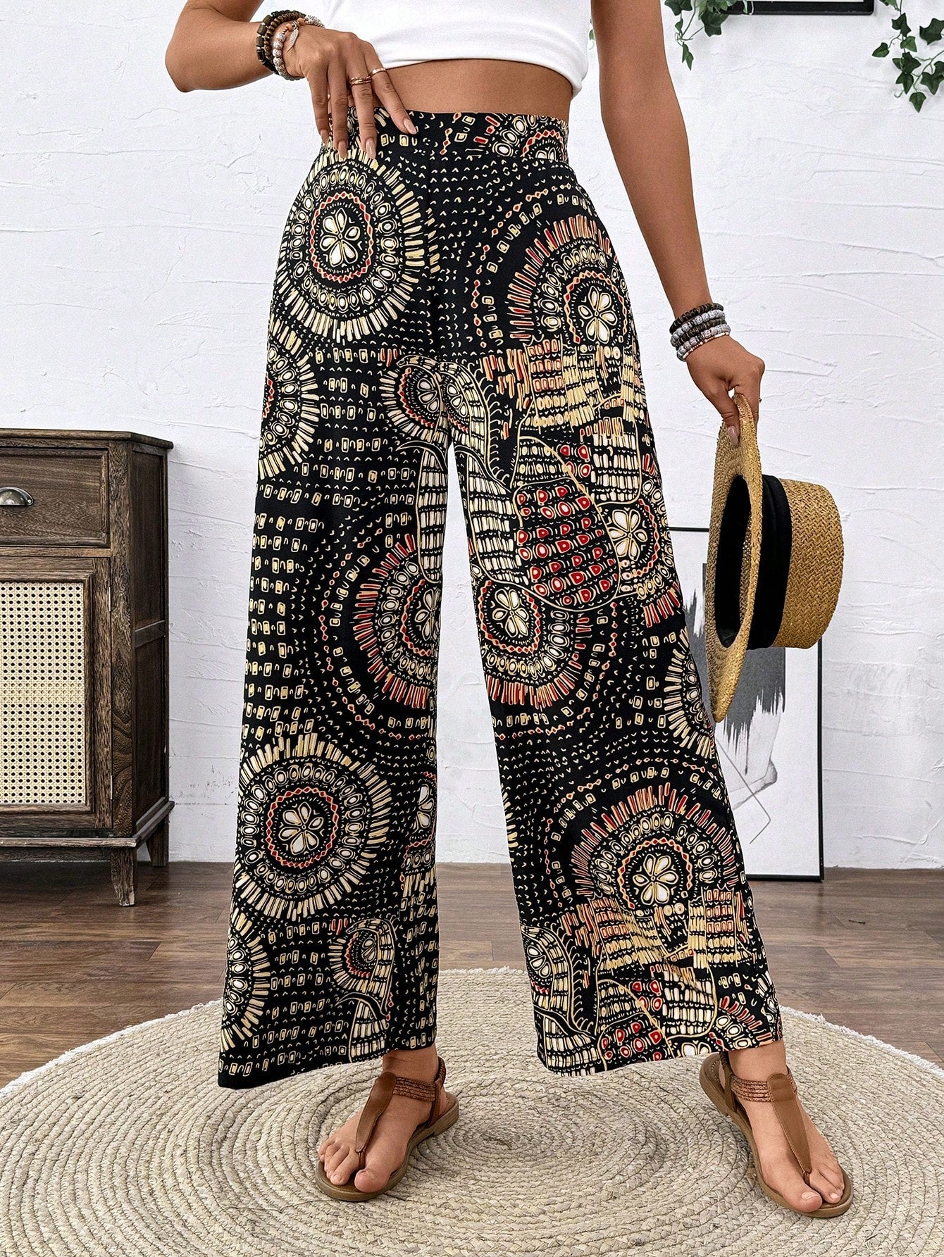 Women Y2k Floral Printed Simple Wide-Leg Pants