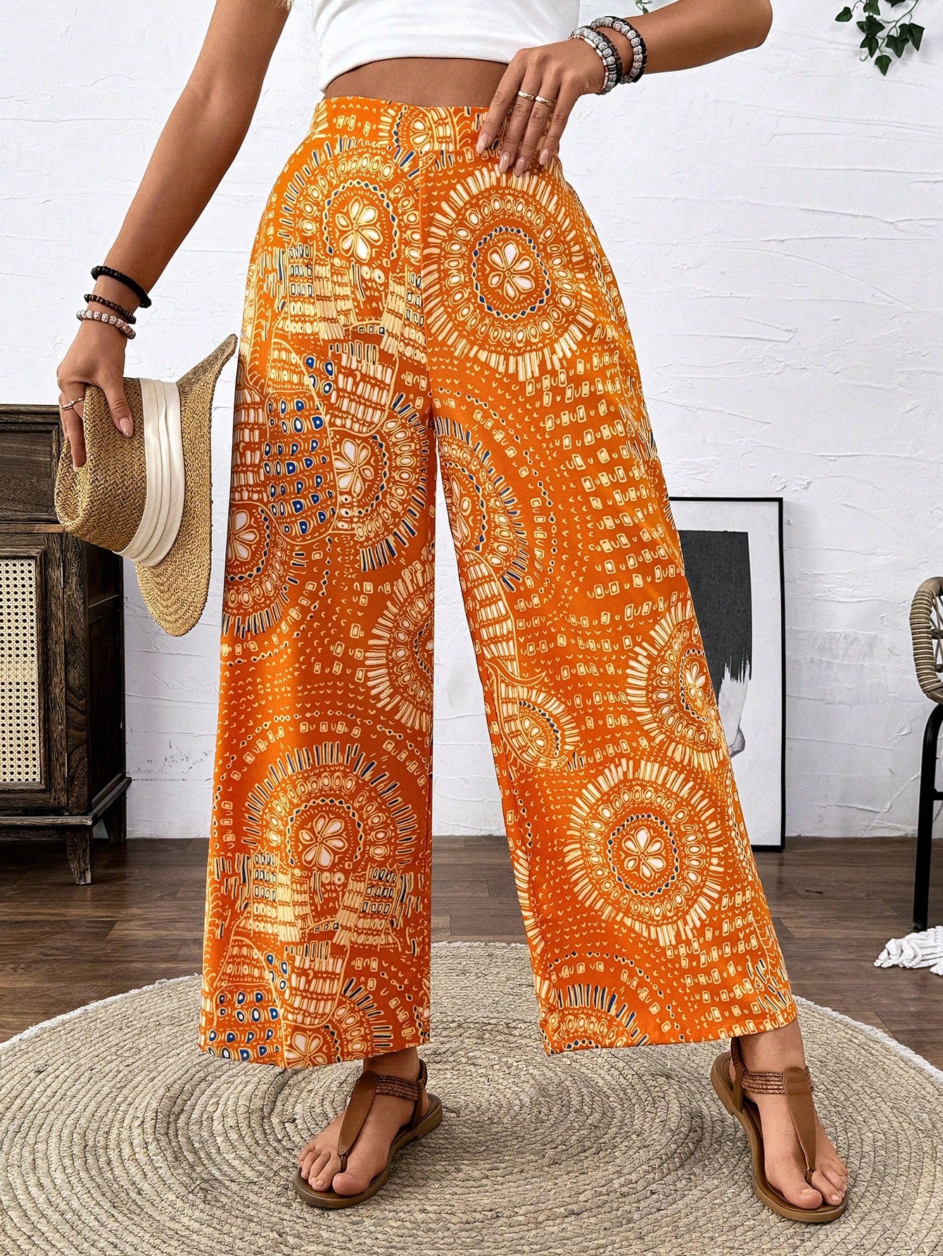 Women Y2k Floral Printed Simple Wide-Leg Pants