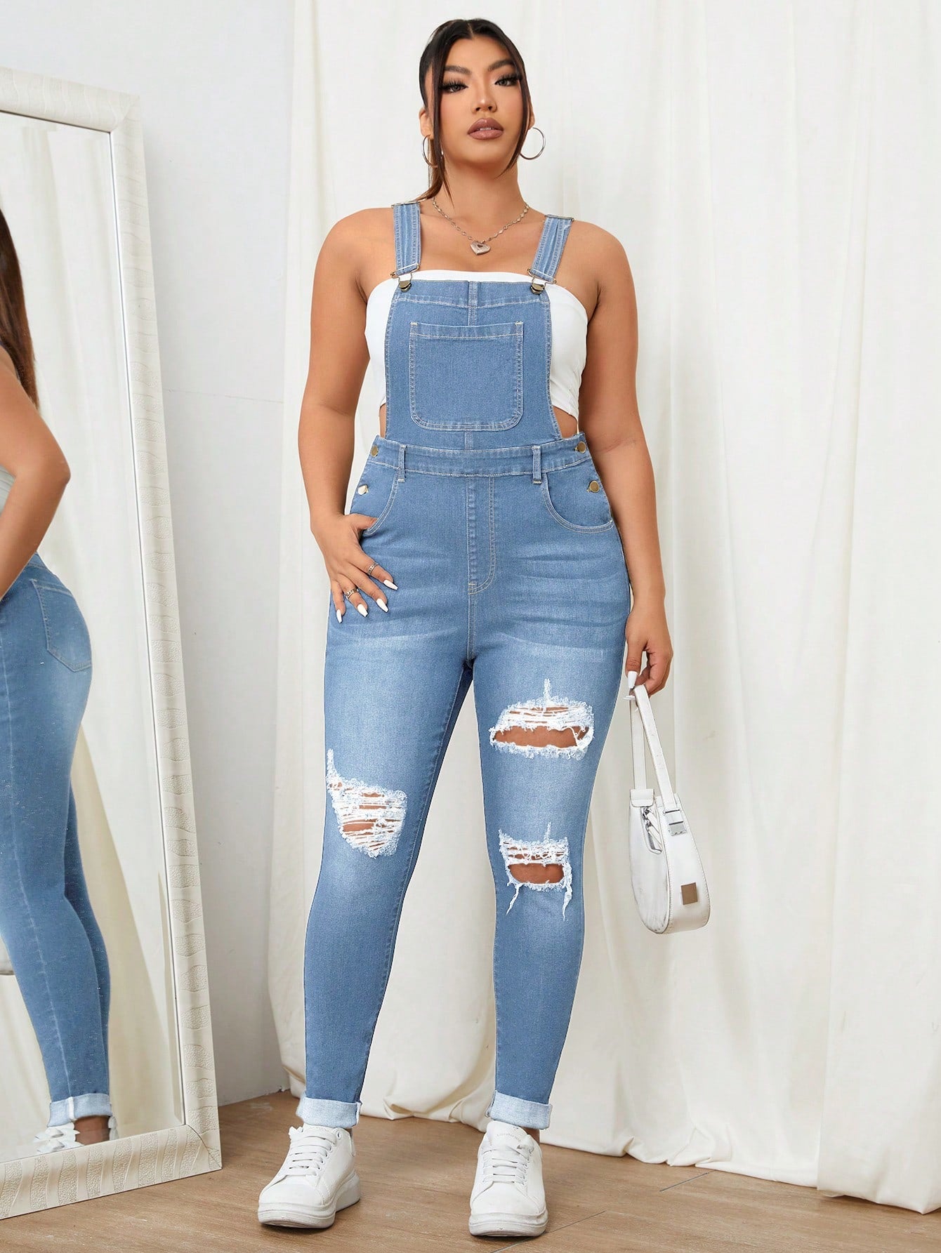 Plus Size Spring/Summer Skinny Ripped Denim Overalls