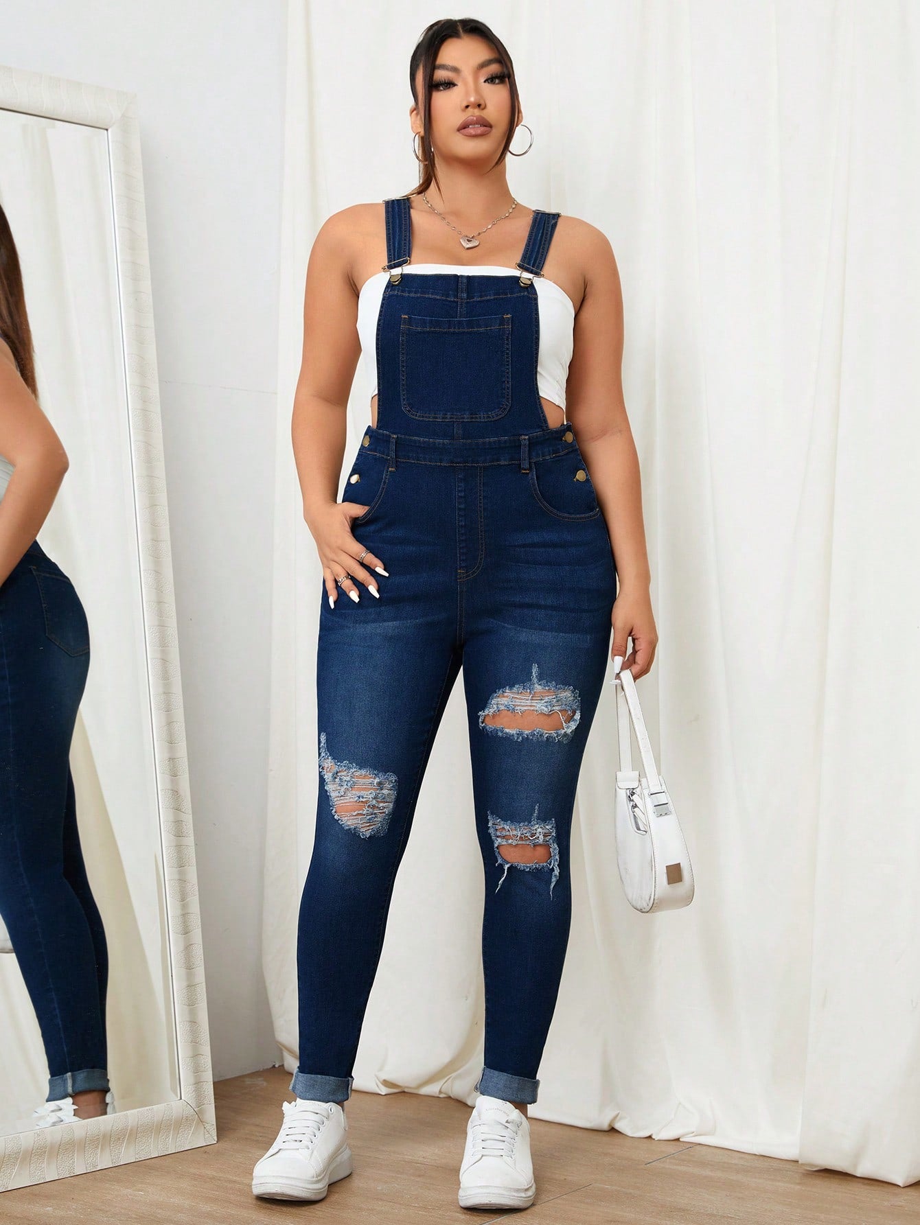 Plus Size Spring/Summer Skinny Ripped Denim Overalls