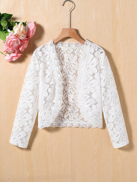 Tween Girl Floral Lace Long Sleeve Open Front Jacket For Spring/Summer