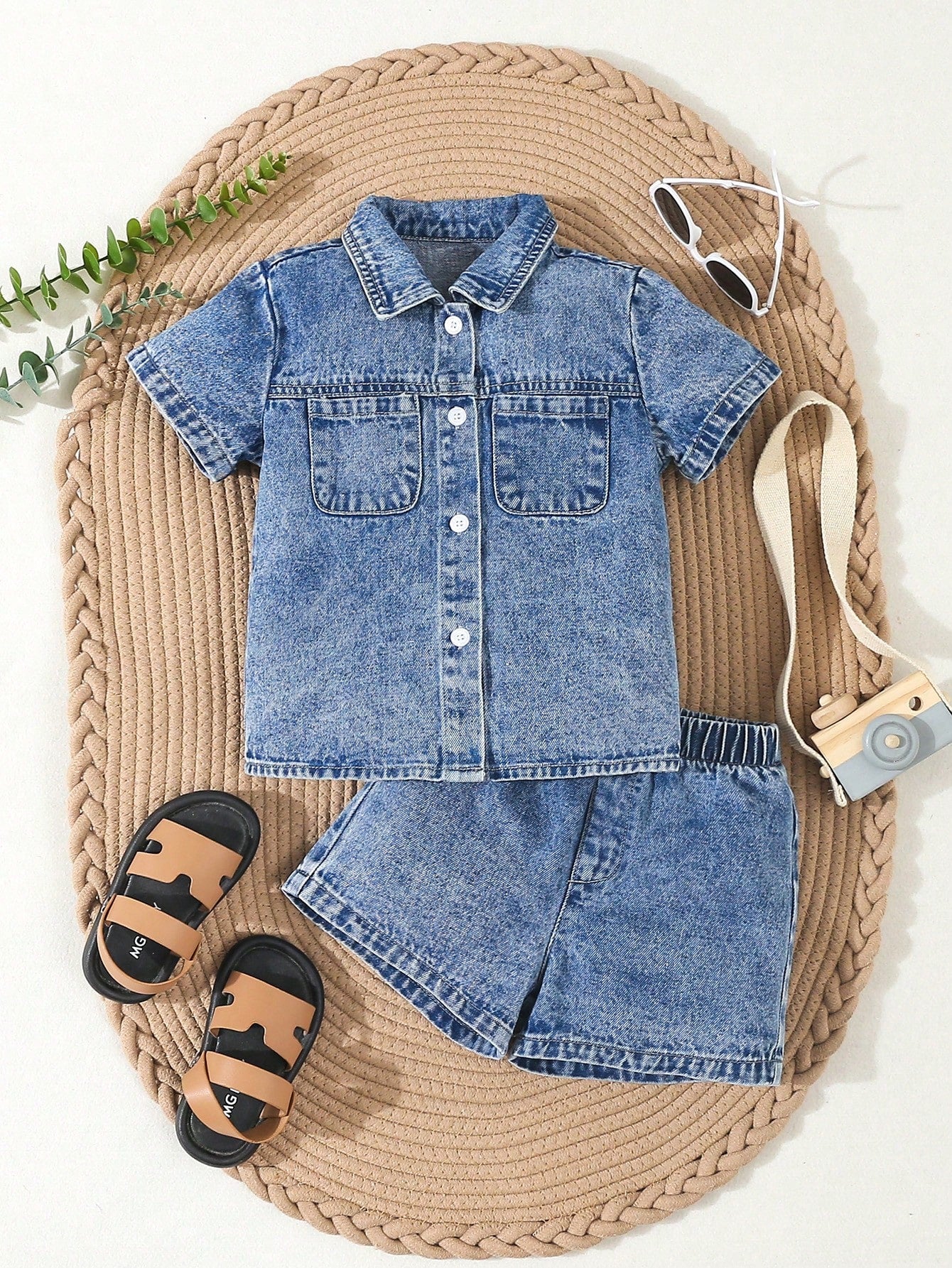 Young Boy Toddler Boys' Casual Comfortable Light Wash Denim Shirt And Shorts Set