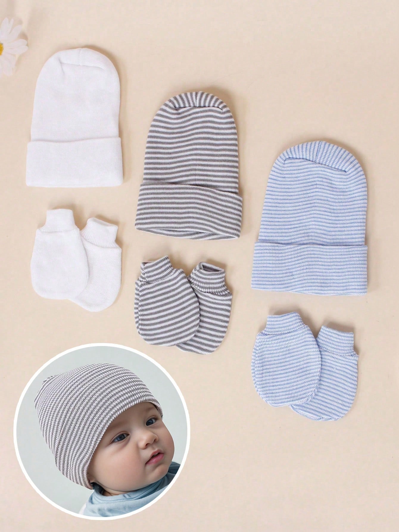 3pcs Newborn Baby Double Layer Thick Striped Hat + Anti-Scratch Hand Gloves Set