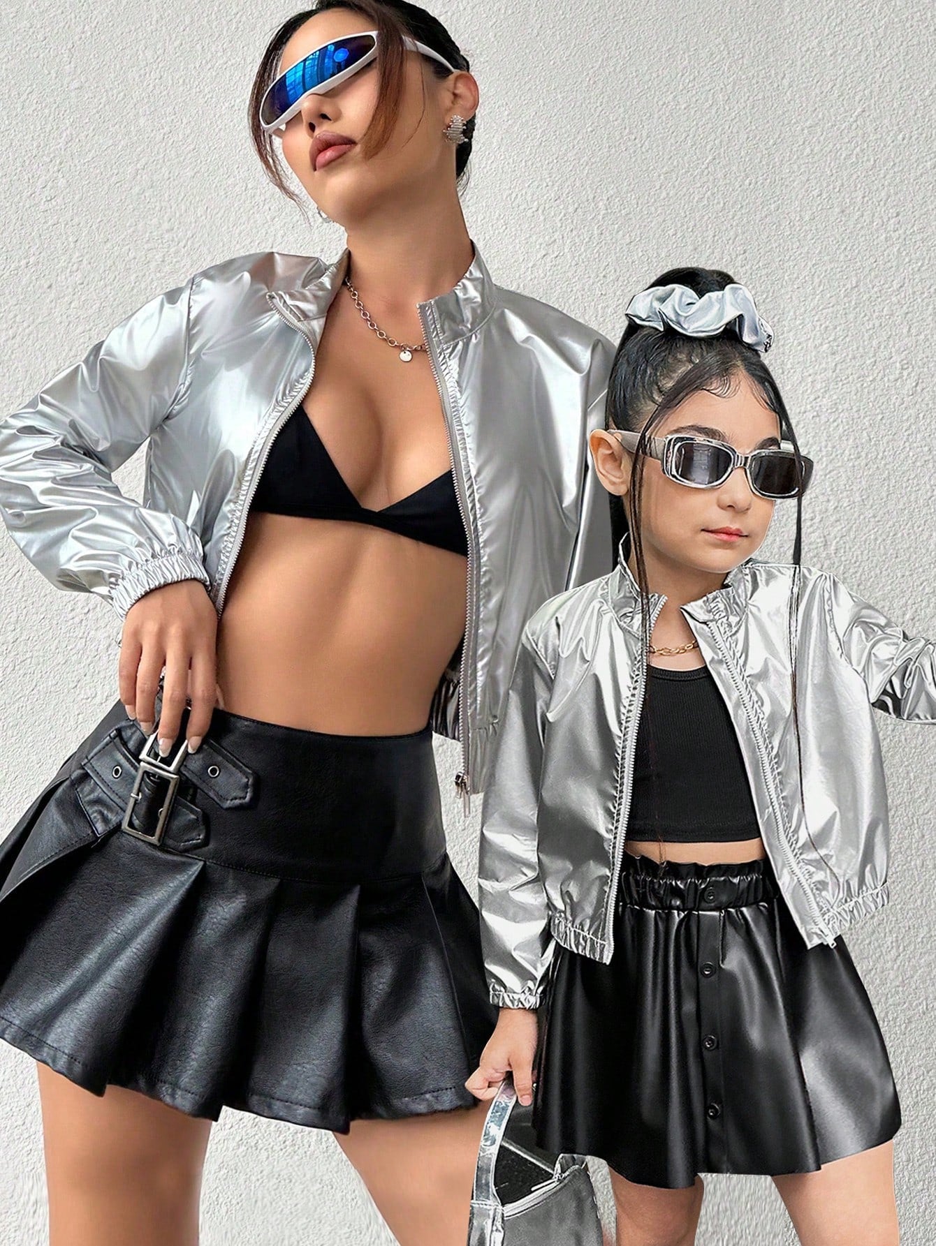 Streecool Kids Mommy And Me Matching Outfits (2 Pieces Sold Separately). Young Girls' Needle Leisure All-Match Street Cool Windproof Jacket With Metallic Silver Color For Autumn And Winter, Suitable For Street Style And Mother-Daughter Clothing.