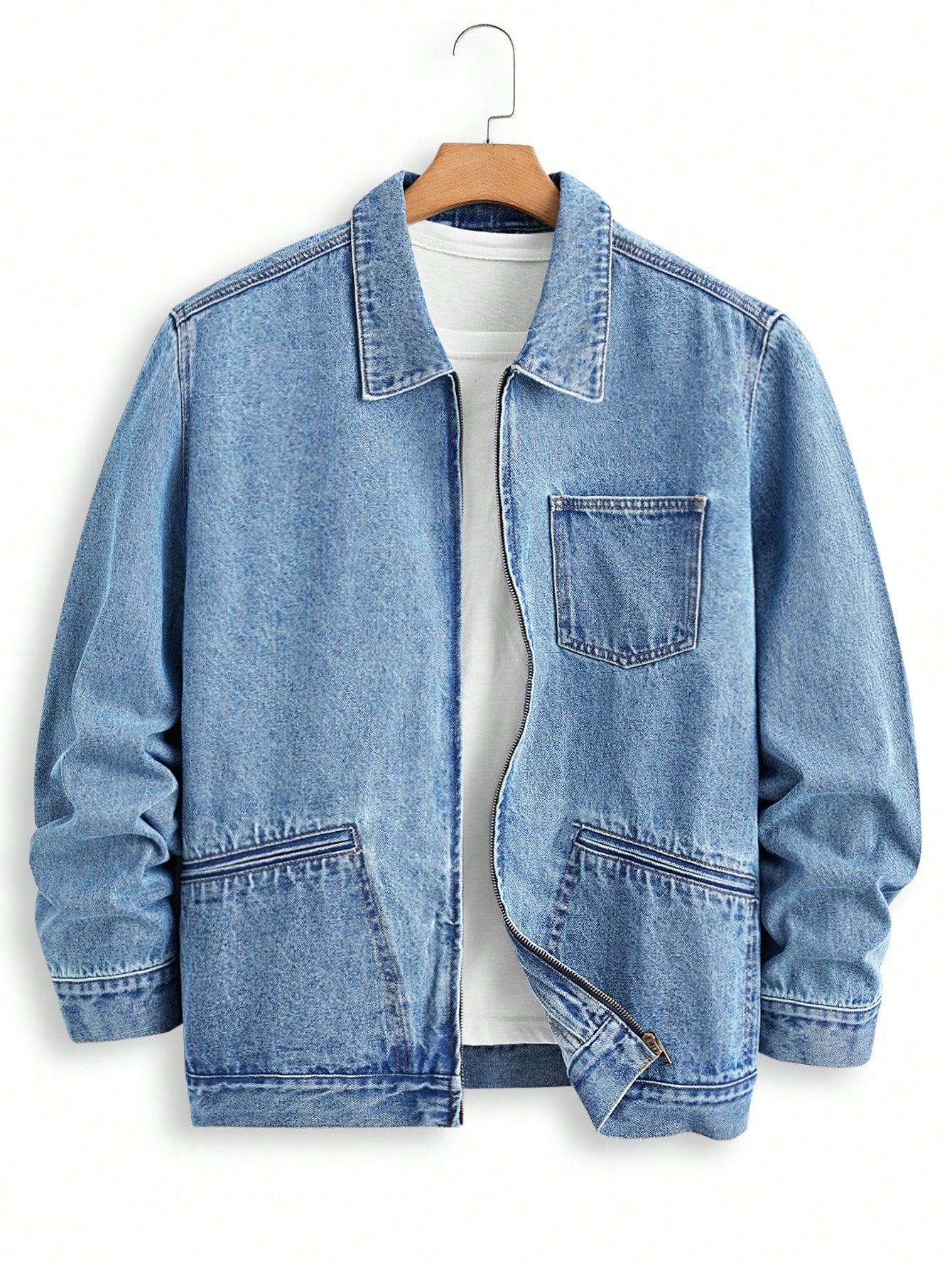 Men's Plus Size Light Blue Denim Zipper Jacket Casual Outerwear