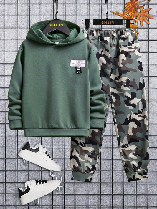 Tween Boys Extended Size Loose Hoodie Camouflage Sweatpants 2pcs/Set