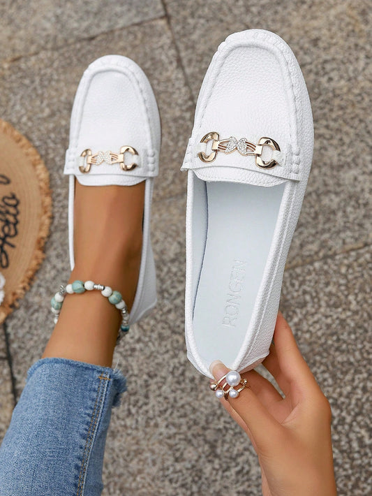 Women's Metal Butterfly Decoration Flat Shoes Round Toe Slip-Resistant White Casual Loafers, Spring And Autumn