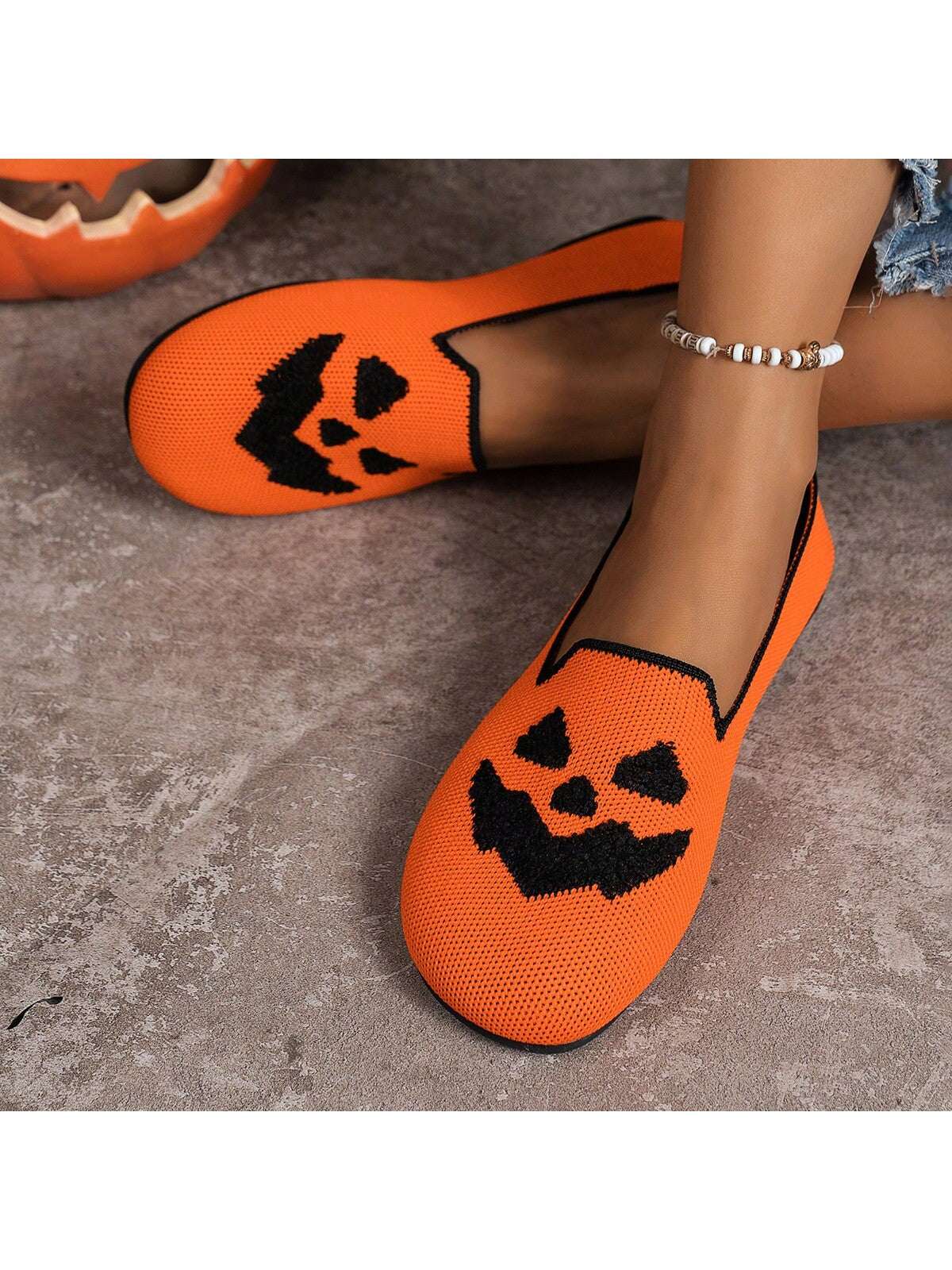 Cute Pumpkin Halloween Flat Shoes For Women, Soft Fabric Comfortable Casual Walking Outdoor Shoes