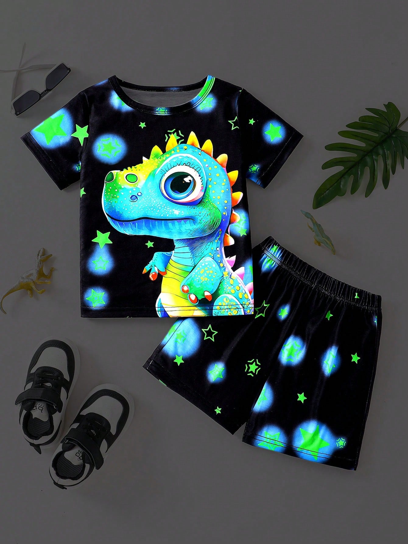 Young Boy Fluorescent Dinosaur Print T-Shirt And Shorts Set, Soft Knitted Casual Sports Outfit For Summer