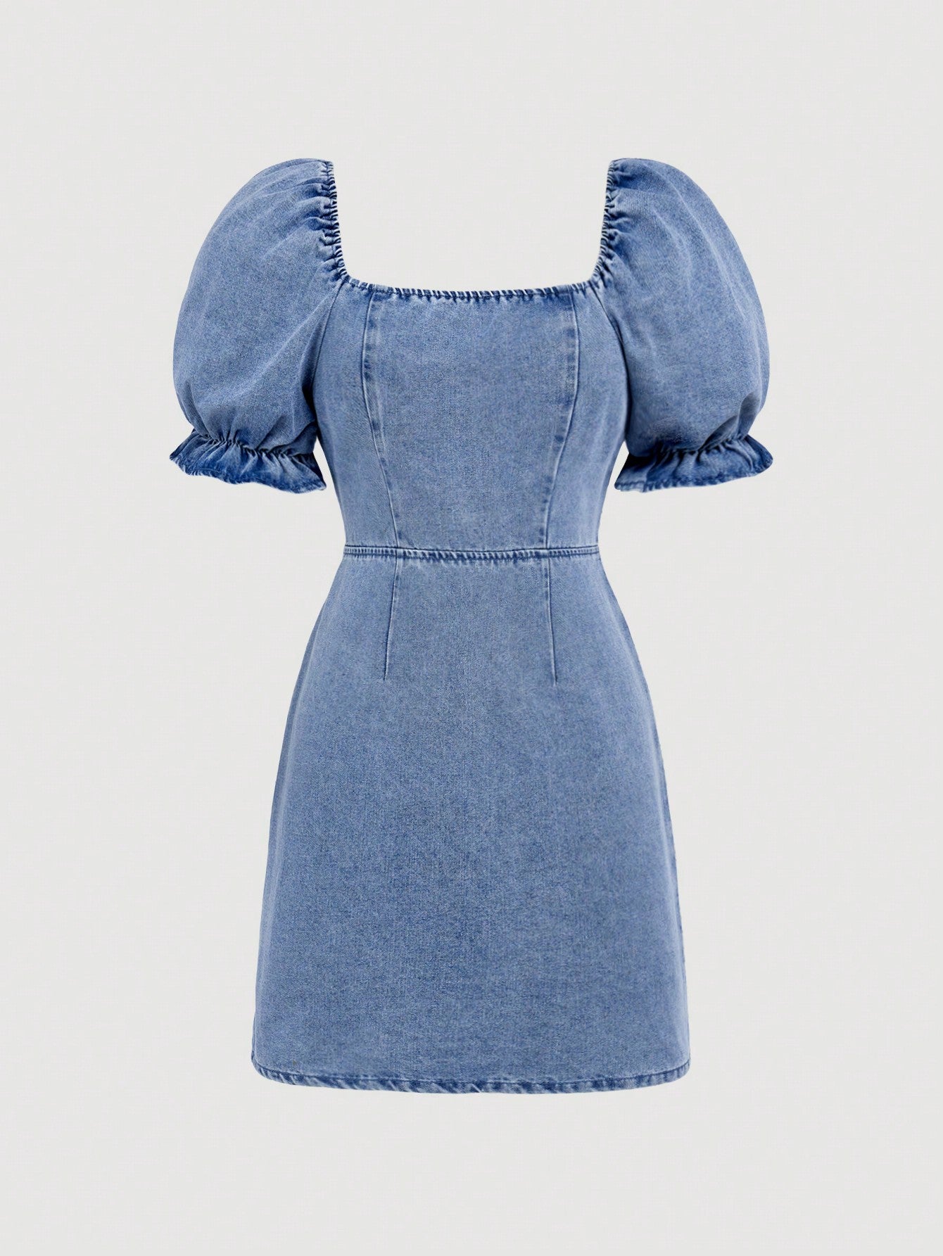 Teen Girls' Blue Denim Square Neck Short Sleeve Summer Dress