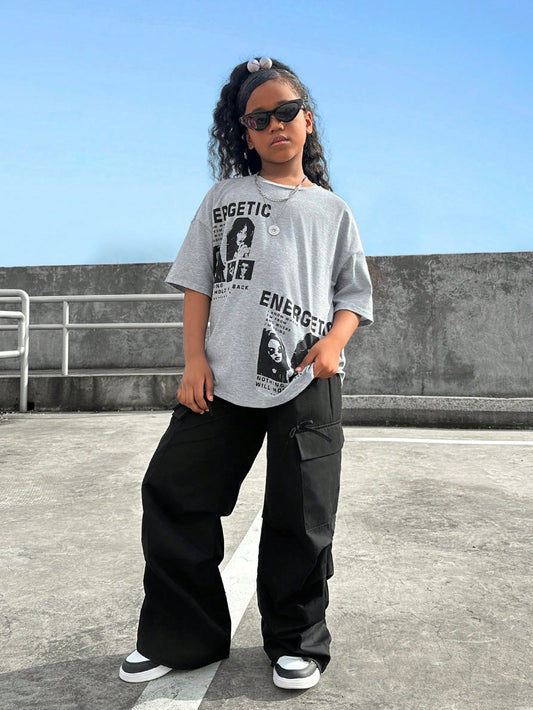 Tween Girl Trendy Character Print Oversized Drop-Shoulder T-Shirt With 3D Bow Decoration And Cargo Pants 2pcs/Set