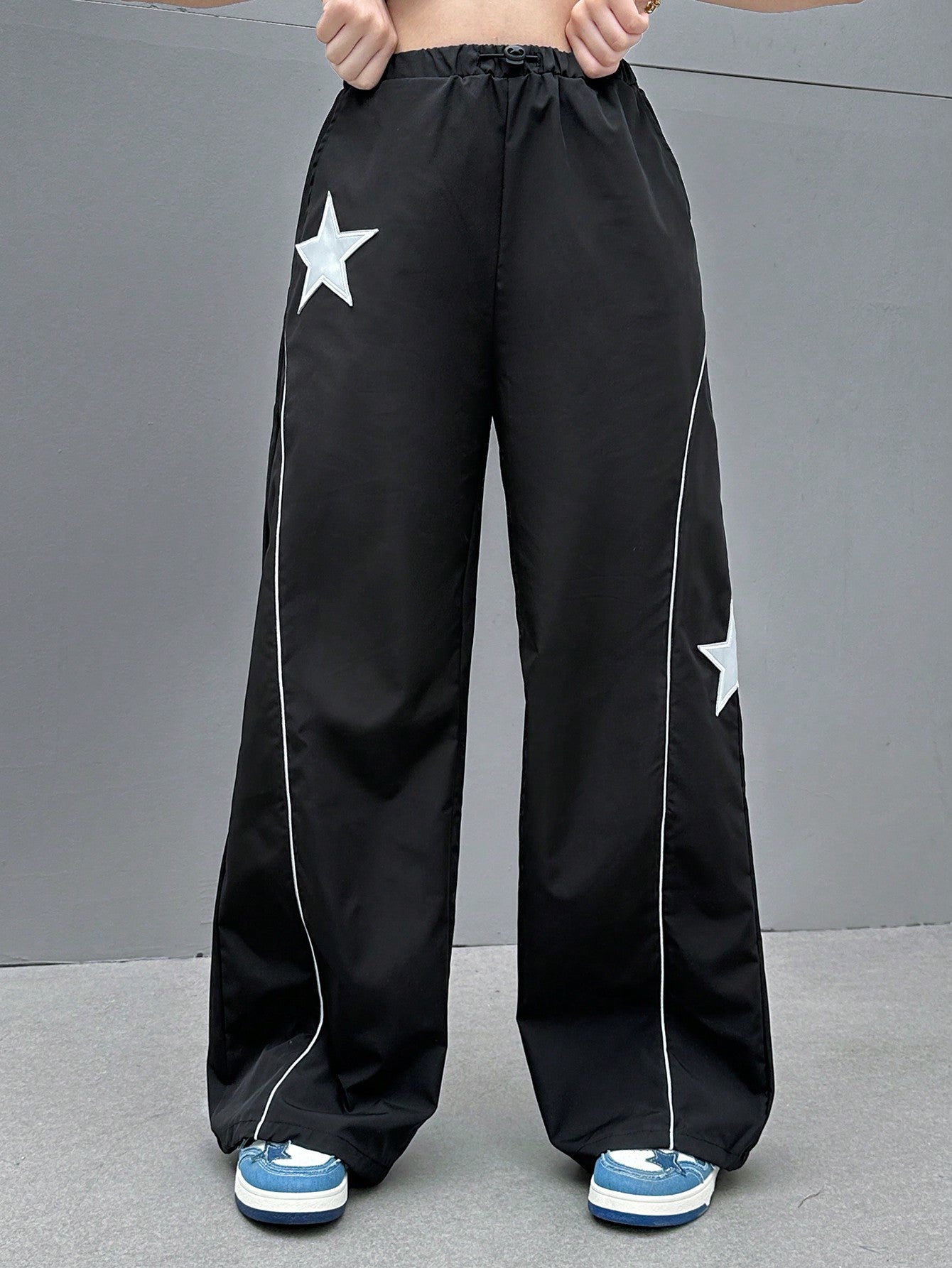 Teen Girl's Woven Wide Leg Pants With Drawstring Waist & Star Patch And Braid Trimmed Side Pockets