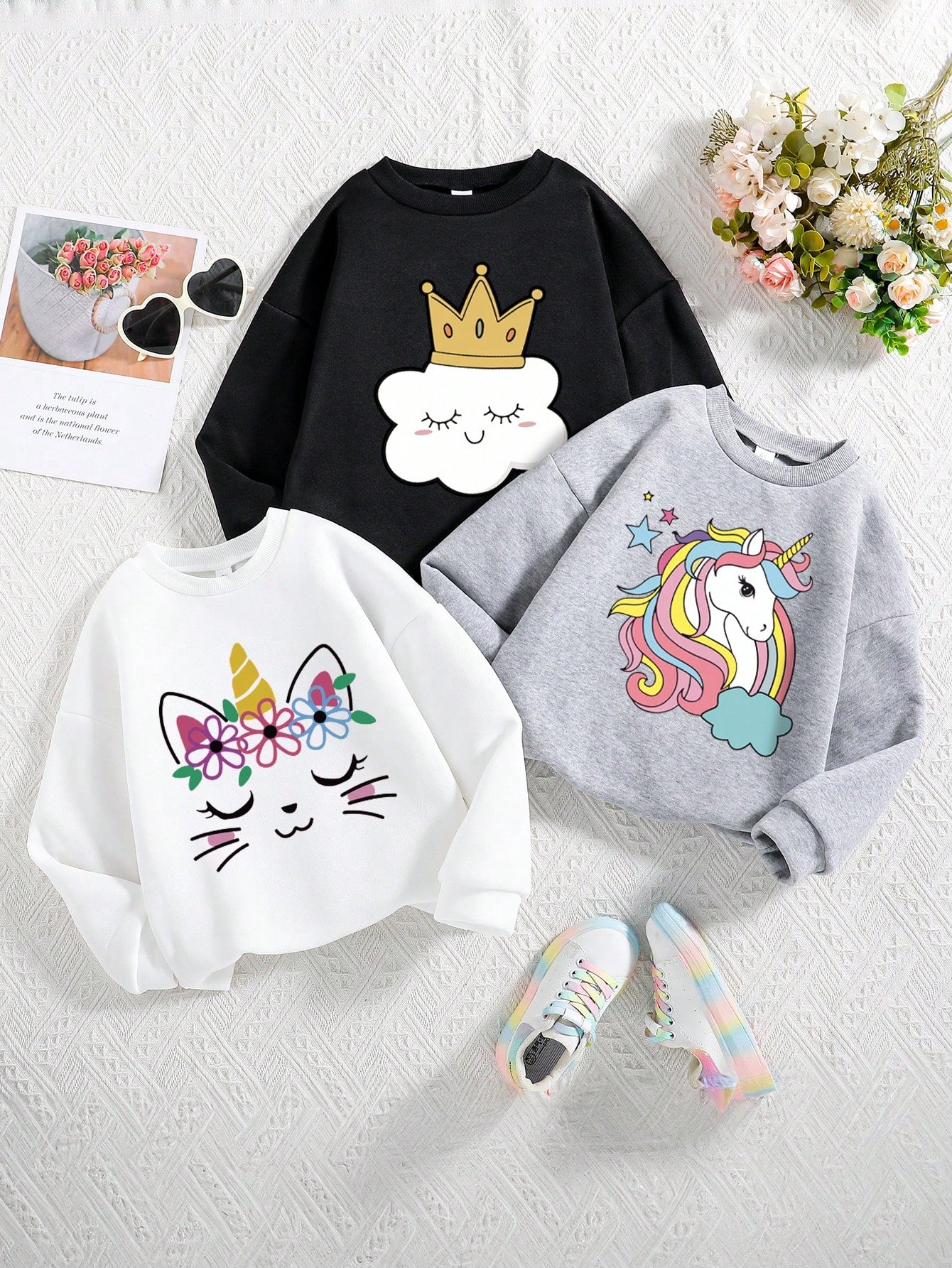 3pcs Toddler Kids' Cartoon Printed Warm Round Neck Sweatshirt Set