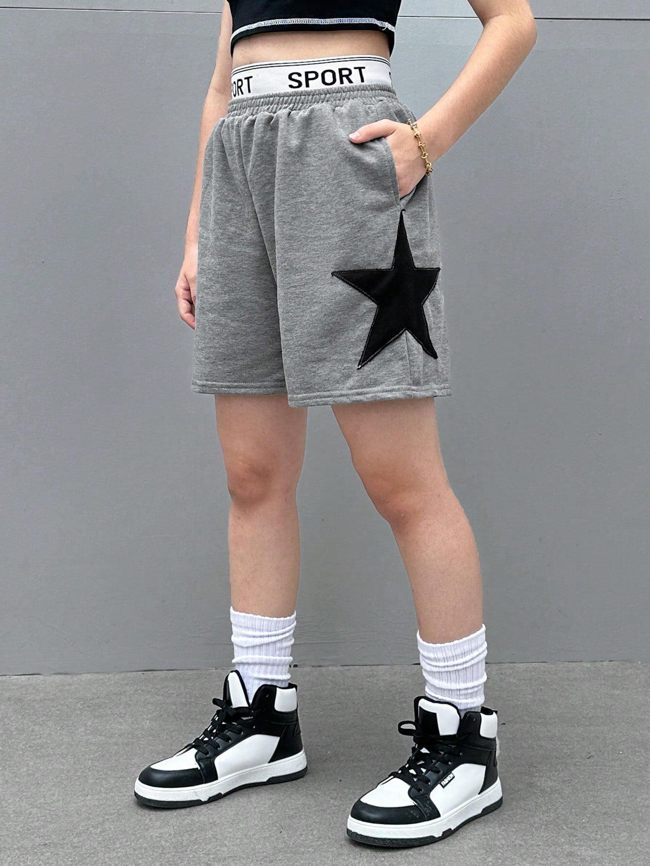 Teen Girl Knitted Personalized Letter Elastic Waistband Five Pointed Star Print Casual Shorts