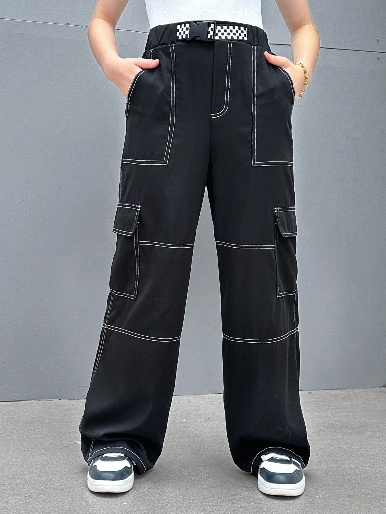 Teen Girl Checker Buckle Belted Top-stitching Flap Pocket Side Cargo Pants